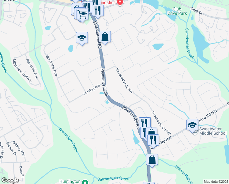 map of restaurants, bars, coffee shops, grocery stores, and more near 1163 Lakehill Drive Northwest in Lawrenceville