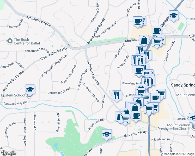 map of restaurants, bars, coffee shops, grocery stores, and more near 735 Glenferry Trail Northwest in Atlanta