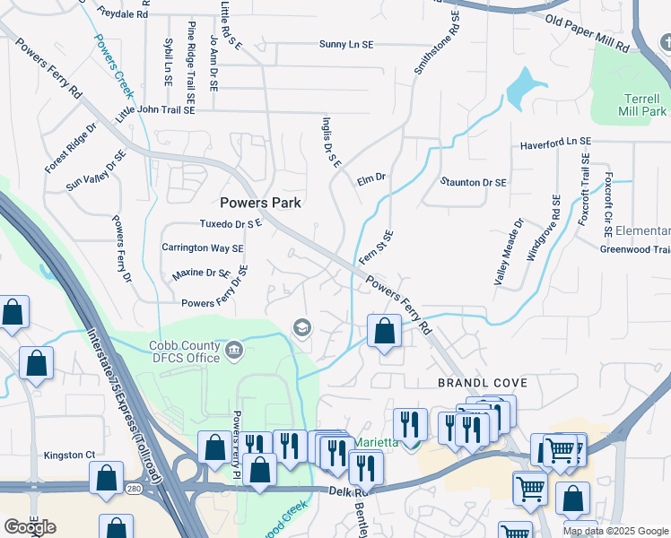 map of restaurants, bars, coffee shops, grocery stores, and more near 708 Hanover Lane Southeast in Marietta