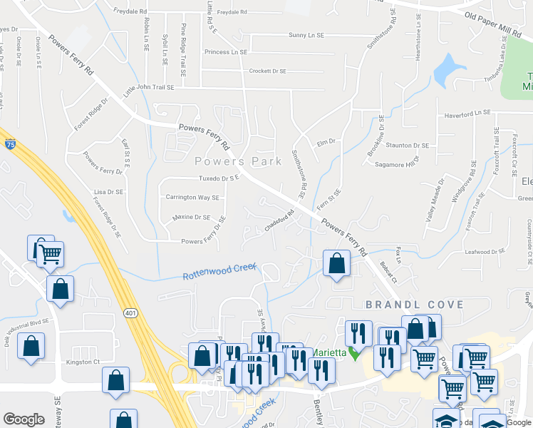map of restaurants, bars, coffee shops, grocery stores, and more near 2126 Palmyra Drive in Marietta