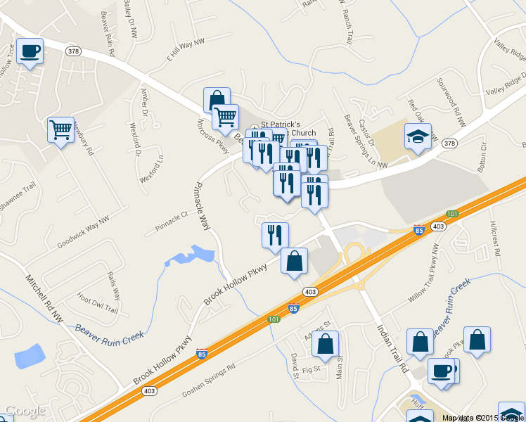 map of restaurants, bars, coffee shops, grocery stores, and more near 403 Vineyard Pond Drive Northwest in Norcross