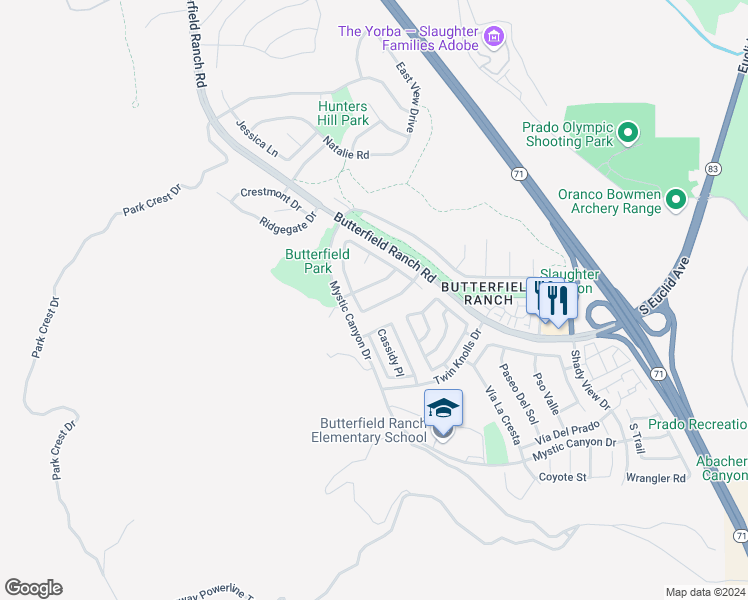 map of restaurants, bars, coffee shops, grocery stores, and more near 6168 Woodbridge Street in Chino Hills