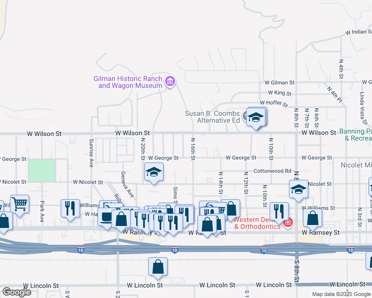 map of restaurants, bars, coffee shops, grocery stores, and more near 672 North 17th Street in Banning