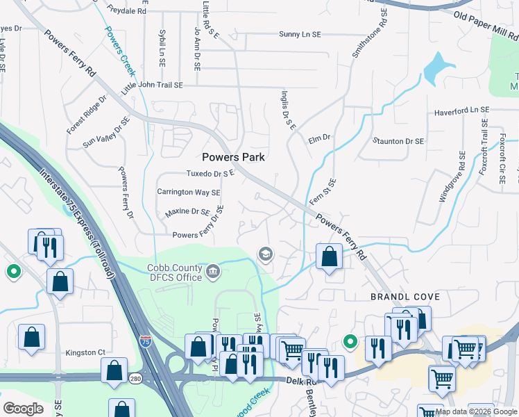 map of restaurants, bars, coffee shops, grocery stores, and more near 2126 Palmyra Drive in Marietta