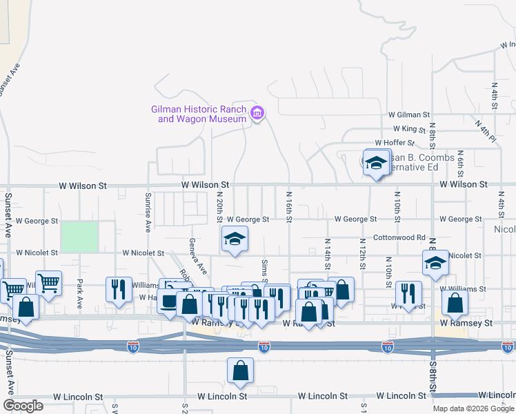 map of restaurants, bars, coffee shops, grocery stores, and more near 671 Sims Street in Banning