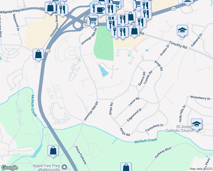 map of restaurants, bars, coffee shops, grocery stores, and more near 147 Orchard Creek Drive in Athens