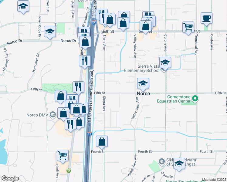 map of restaurants, bars, coffee shops, grocery stores, and more near 1441 5th Street in Norco