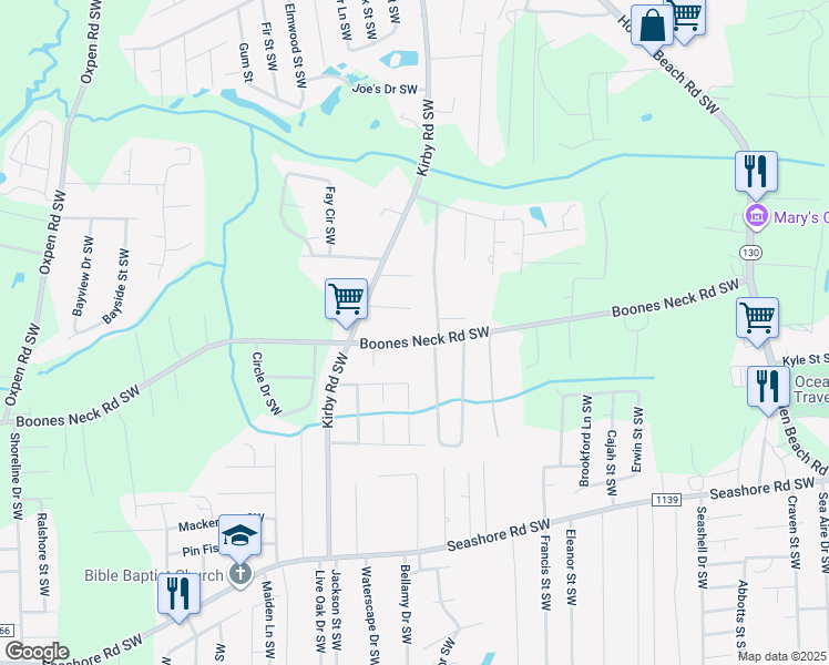 map of restaurants, bars, coffee shops, grocery stores, and more near 2138 Boones Neck Road Southwest in Brunswick County