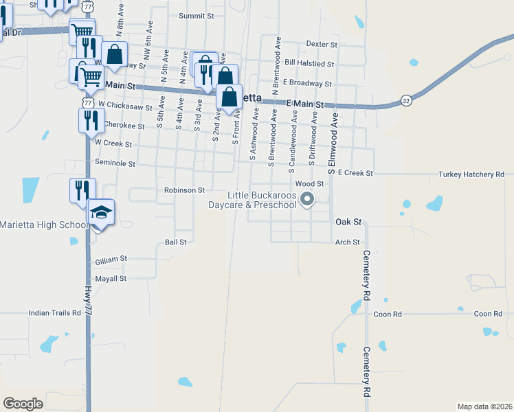 map of restaurants, bars, coffee shops, grocery stores, and more near 102 Pine Street in Marietta