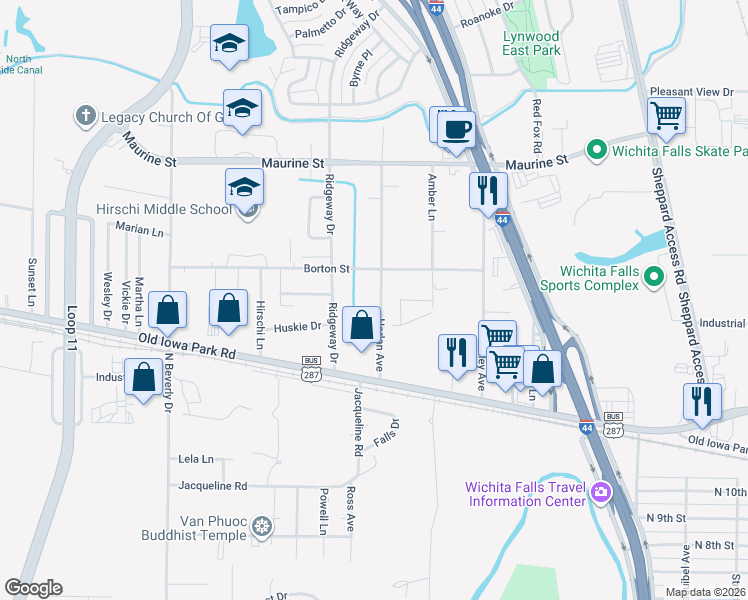 map of restaurants, bars, coffee shops, grocery stores, and more near 1024 Harlan Avenue in Wichita Falls