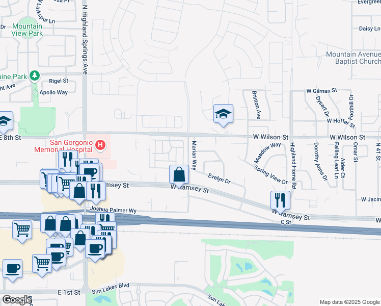 map of restaurants, bars, coffee shops, grocery stores, and more near 365 Marian Way in Banning