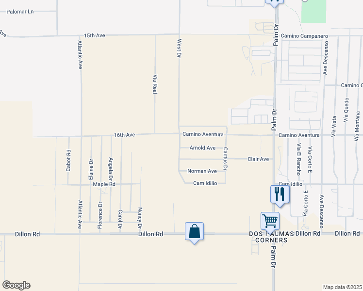 map of restaurants, bars, coffee shops, grocery stores, and more near Arnold Avenue in Desert Hot Springs