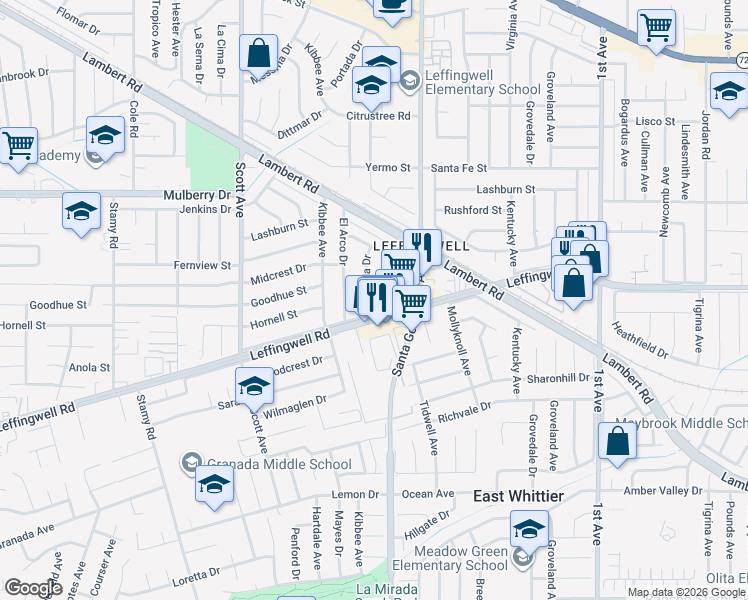map of restaurants, bars, coffee shops, grocery stores, and more near 11130 Portada Drive in Whittier