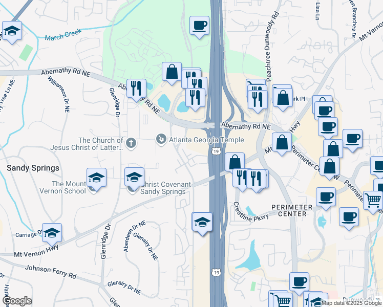 map of restaurants, bars, coffee shops, grocery stores, and more near Berrydale Drive in Sandy Springs