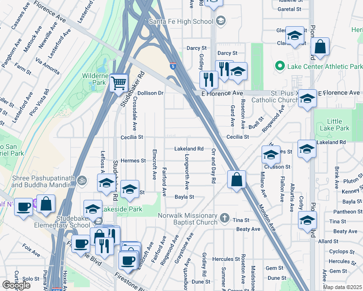 map of restaurants, bars, coffee shops, grocery stores, and more near 11243 Lakeland Road in Norwalk