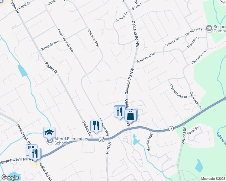 map of restaurants, bars, coffee shops, grocery stores, and more near 350 Thornberry Court in Lawrenceville