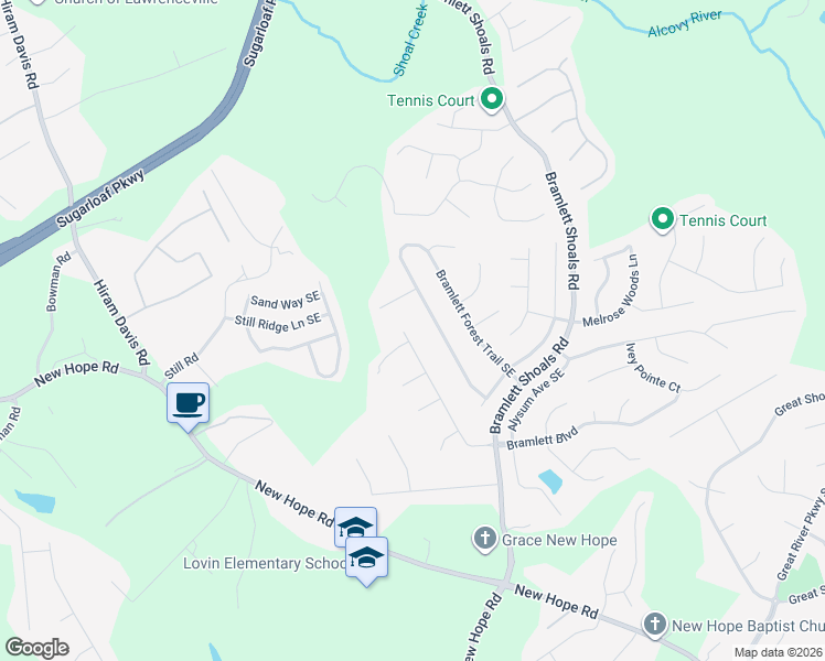map of restaurants, bars, coffee shops, grocery stores, and more near 1520 Bramlett Boulevard in Lawrenceville