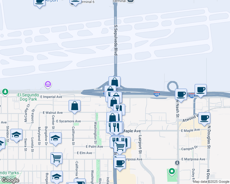 map of restaurants, bars, coffee shops, grocery stores, and more near 760 South Sepulveda Boulevard in El Segundo