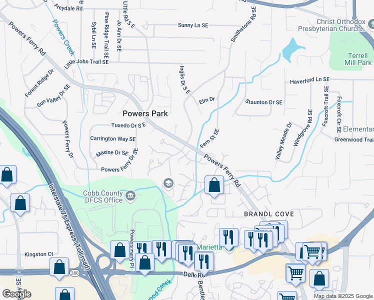 map of restaurants, bars, coffee shops, grocery stores, and more near 708 Hanover Lane Southeast in Marietta