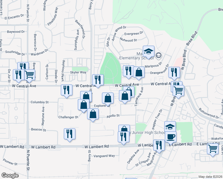 map of restaurants, bars, coffee shops, grocery stores, and more near 441 Village Way in Brea