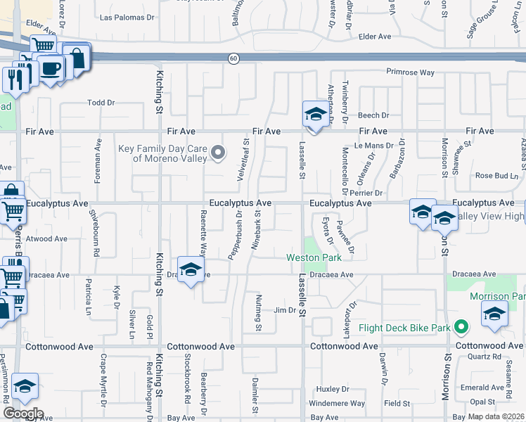 map of restaurants, bars, coffee shops, grocery stores, and more near 13012 Ninebark Street in Moreno Valley