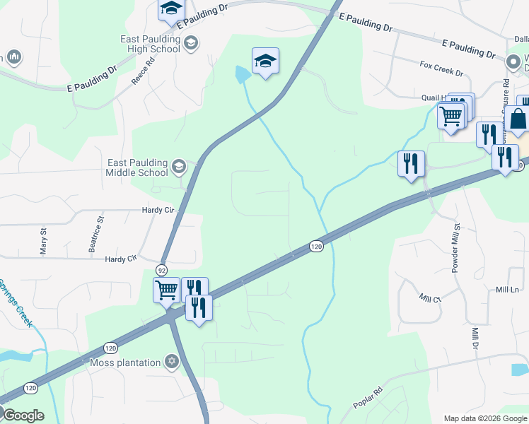 map of restaurants, bars, coffee shops, grocery stores, and more near 82 Fox Ridge Court in Dallas