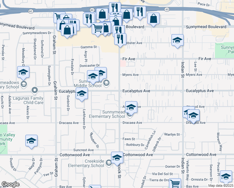 map of restaurants, bars, coffee shops, grocery stores, and more near 23985 Eucalyptus Avenue in Moreno Valley