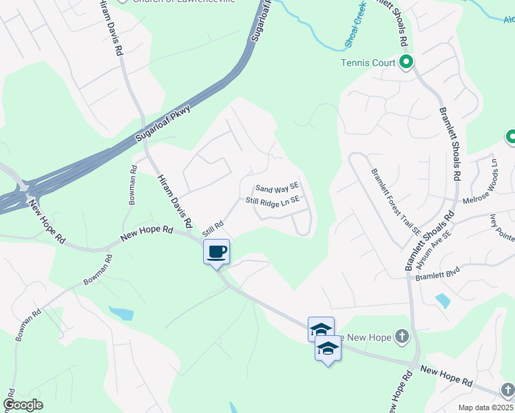 map of restaurants, bars, coffee shops, grocery stores, and more near 889 Still Hill Lane Southeast in Lawrenceville