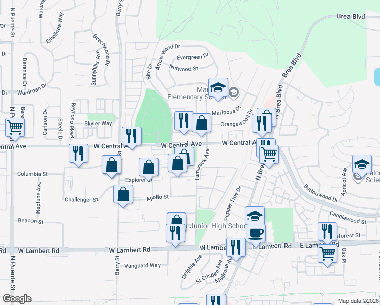 map of restaurants, bars, coffee shops, grocery stores, and more near 350 West Central Avenue in Brea