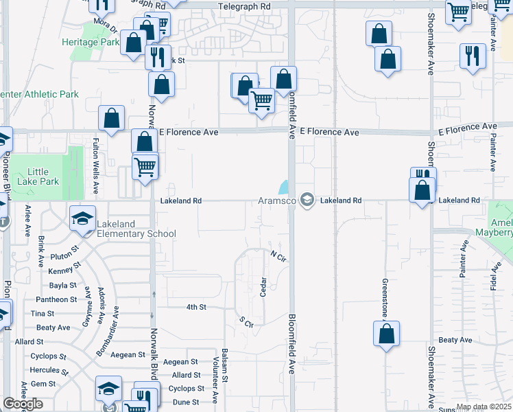 map of restaurants, bars, coffee shops, grocery stores, and more near 11007 Forest Place in Santa Fe Springs