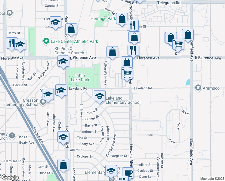 map of restaurants, bars, coffee shops, grocery stores, and more near 12104 Lakeland Road in Norwalk