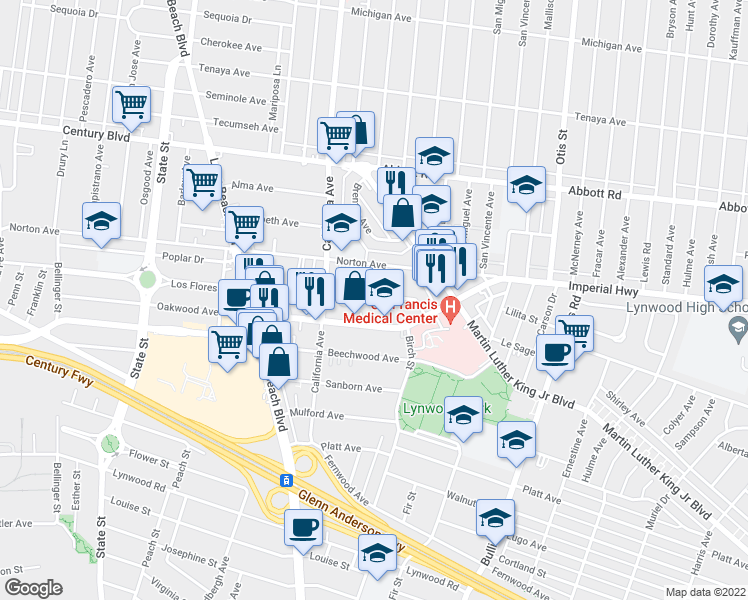 map of restaurants, bars, coffee shops, grocery stores, and more near 3562 Los Flores Boulevard in Lynwood