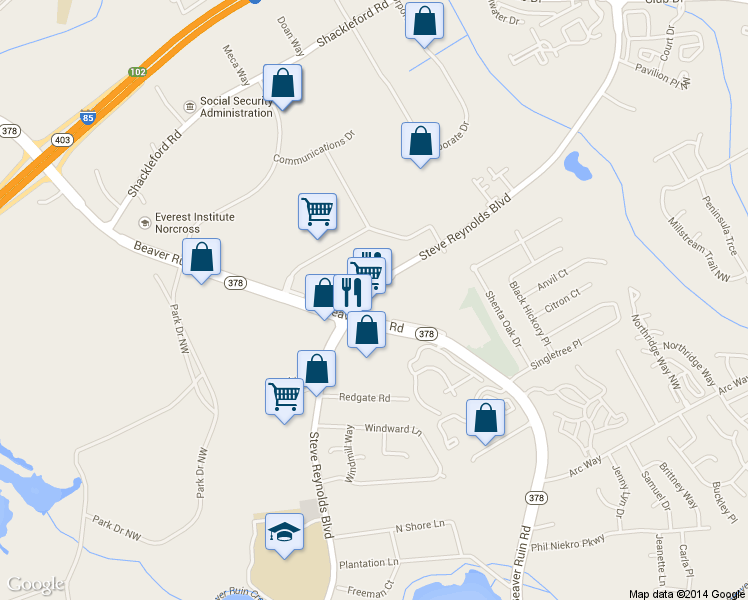 map of restaurants, bars, coffee shops, grocery stores, and more near 1480 Beaver Ruin Road Northwest in Norcross