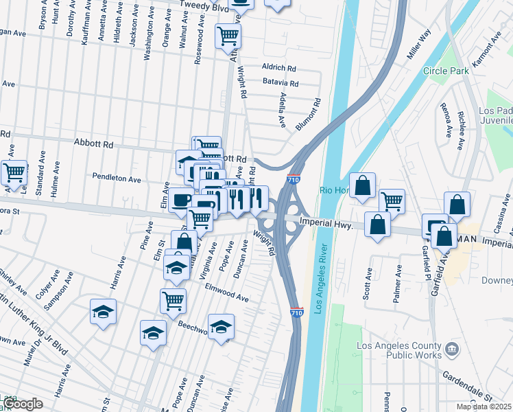 map of restaurants, bars, coffee shops, grocery stores, and more near 5201 Imperial Highway in South Gate