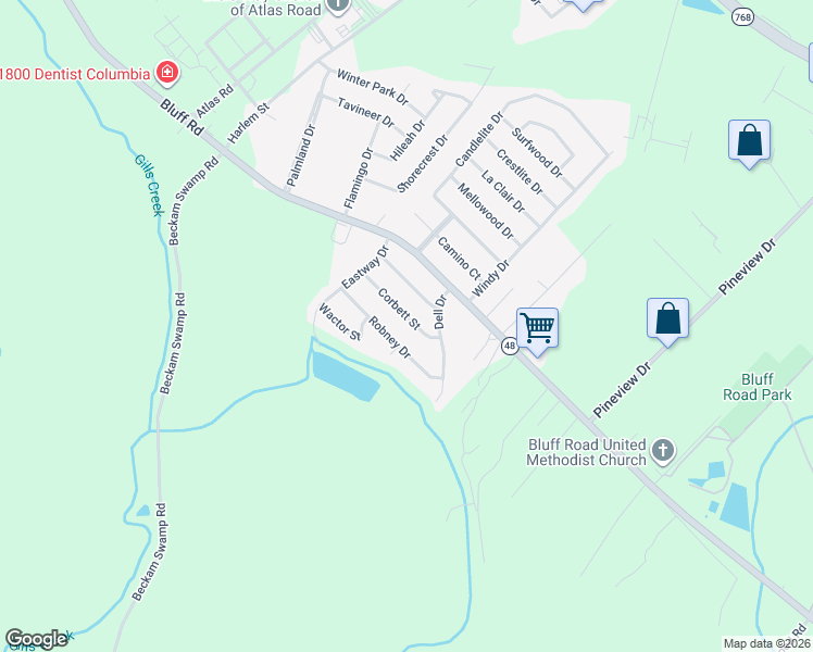 map of restaurants, bars, coffee shops, grocery stores, and more near 4615 Corbett Street in Columbia