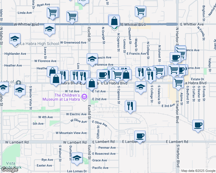 map of restaurants, bars, coffee shops, grocery stores, and more near 111 Aldrich Street in La Habra
