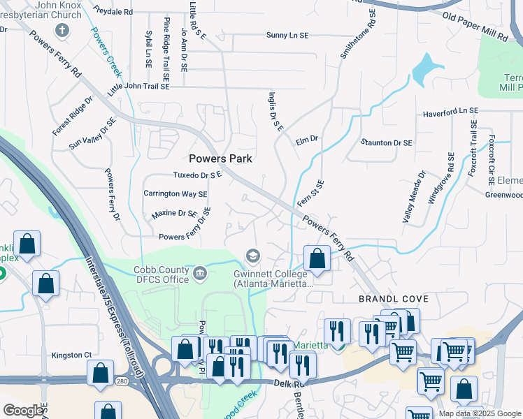 map of restaurants, bars, coffee shops, grocery stores, and more near 2087 Powers Ferry Trce Southeast in Marietta