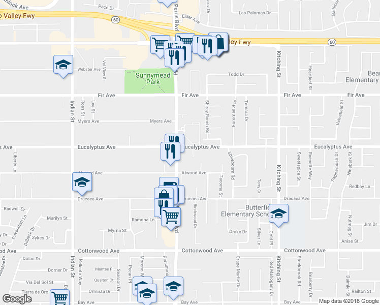 map of restaurants, bars, coffee shops, grocery stores, and more near 25061 Eucalyptus Avenue in Moreno Valley