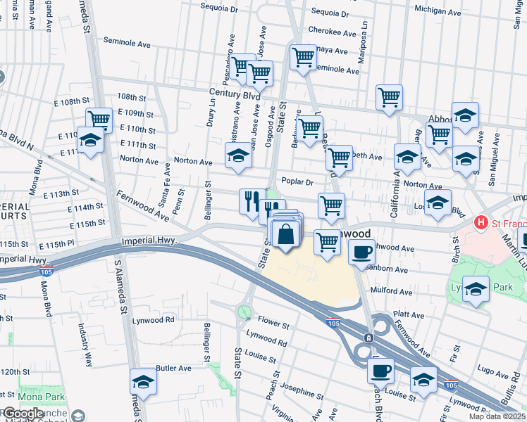 map of restaurants, bars, coffee shops, grocery stores, and more near 11117 State Street in Lynwood