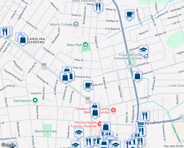 map of restaurants, bars, coffee shops, grocery stores, and more near 105 Brown Street in Sumter