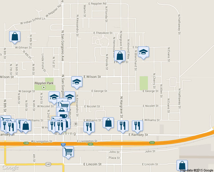 map of restaurants, bars, coffee shops, grocery stores, and more near 671 N Florida St in Banning