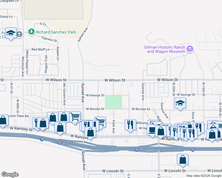 map of restaurants, bars, coffee shops, grocery stores, and more near in Banning