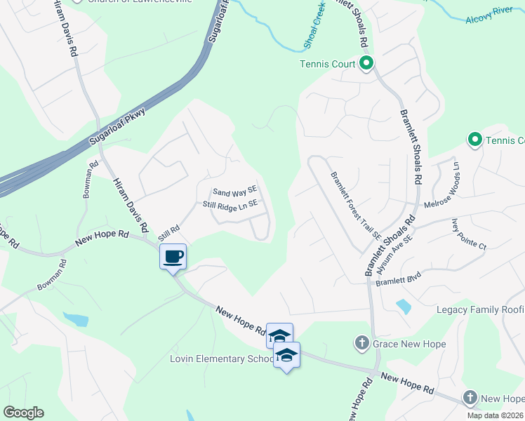 map of restaurants, bars, coffee shops, grocery stores, and more near 719 Still Hill Lane Southeast in Lawrenceville