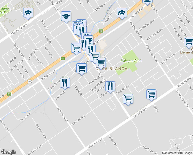 map of restaurants, bars, coffee shops, grocery stores, and more near 3105 Samuel Street in Riverside