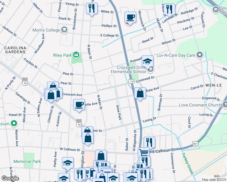 map of restaurants, bars, coffee shops, grocery stores, and more near 110 Anne Park in Sumter