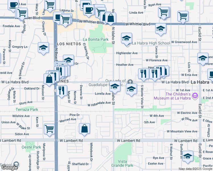 map of restaurants, bars, coffee shops, grocery stores, and more near 1220 West La Habra Boulevard in La Habra