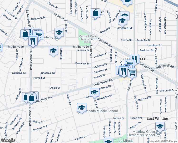 map of restaurants, bars, coffee shops, grocery stores, and more near 15367 Goodhue Street in Whittier