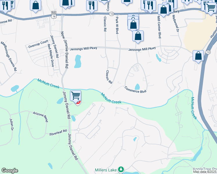 map of restaurants, bars, coffee shops, grocery stores, and more near 516 Park West Boulevard in Bogart