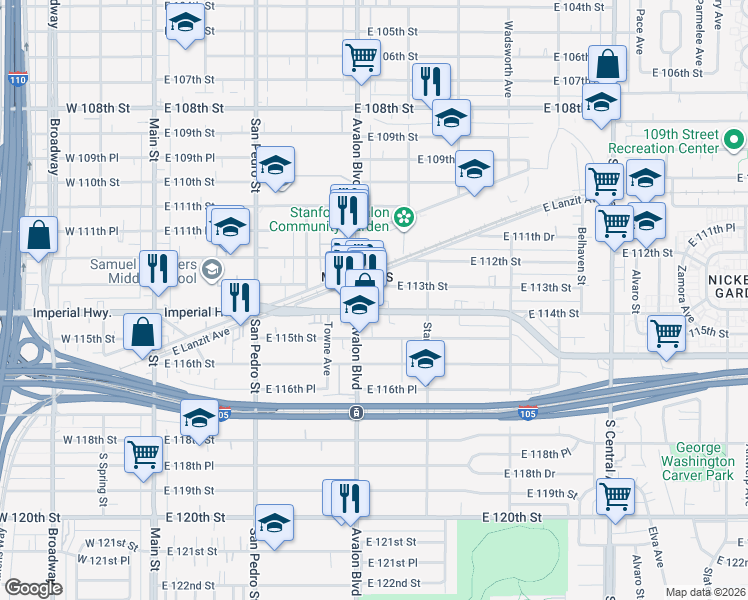 map of restaurants, bars, coffee shops, grocery stores, and more near 611 East Imperial Highway in Los Angeles
