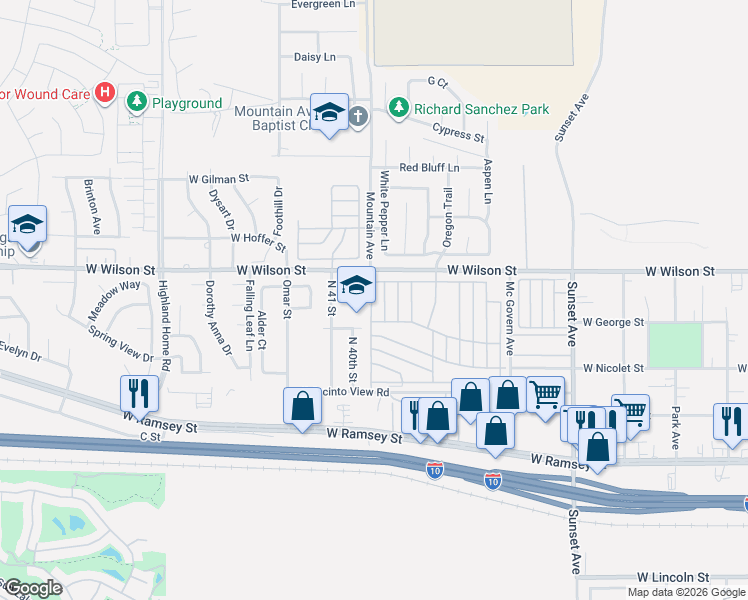 map of restaurants, bars, coffee shops, grocery stores, and more near 3800 West Wilson Street in Banning